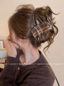 Trendy Womens Plaid Leather Triangle Hair Claw Large Back of Head Bun Shark Clamp Hair Clip Stylish Hair Accessory