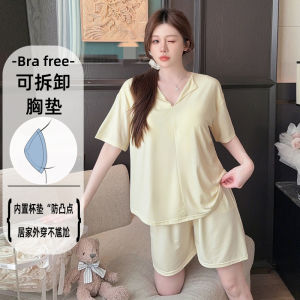 plus Size Sleepwear Womens Loose Short Sleeve Modal Cotton Set with Chest Pad Summer Comfortable Home Clothes Sweet Style