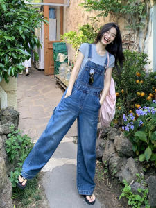 Retro Korean Blue Denim Overalls Womens Loose Casual Anti-Aging One-Piece Pants Wide Leg Straight Leg Jeans