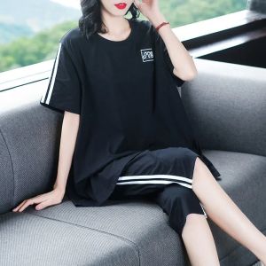 Bộ Đồ Thể Thao Chạy Bộ Mùa Hè 2025 Mới Cho Nữ Bộ Đồ Thể Thao Giản Dị Rộng Rãi Tay Ngắn Quần Dài Năm Phần Thời Trang