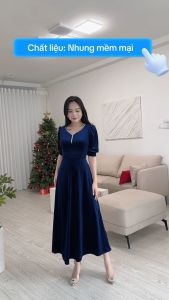 Đầm nhung maxi dáng dài dự tiệc trung niên tặng mẹ đính dây đá sang trọng - GR296 (Hình thật shop chụp)