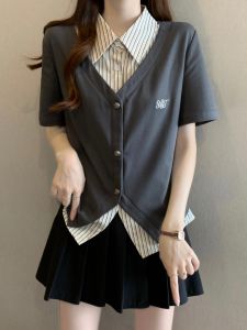 Stripe Patchwork Polo Neck Illusion Layered Shirt Summer Plus Size
