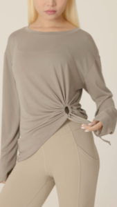Di chuyển đào phụ nữ yoga Tay áo dài drawcord cinch trên HEM bên crewneck Áo thun Yoga thoáng khí hàng đầu Pilates khiêu vũ thể thao mặc hàng ngày BSC
