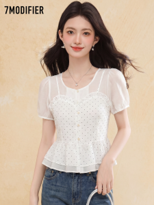 7.Modifier | Áo Blouse Tay Ngắn Thời Trang Có Chi Tiết Dây Chấm Bi