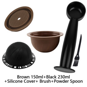 Brown 150ml+Black 230ml Coffee Capsule Filter Shell with Silicone Cover Powder Spoon Cleaning Brush Suitable for Vertuo