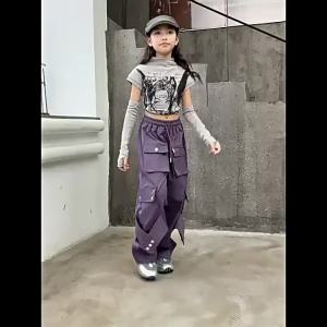 Cargo Pants for Girls 7-16Years Old Kids New Summer Fashion 4 Pockets Loose Pants for Teens Girls Wide Leg Trouser Candy Pants Baggy Pants Jazz Dance Hip Hop Pants