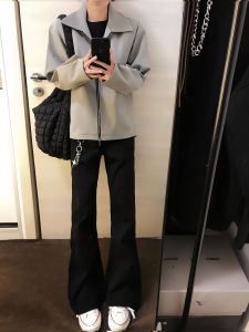 กางเกงขายาวทรงตรงสีดำ ทรงหลวม ทรงยาว สำหรับผู้ชาย กางเกงขายาวทรงตรงเอวกลาง กางเกงขายาวทรงตรงทรงยาวสำหรับผู้ชาย ฤดูใบไม้ร่วง