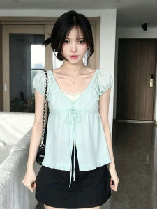 ZHILU | Áo Blouse Nữ Dây Ren Viền Cổ V Tay Bồng Giúp Thon Eo