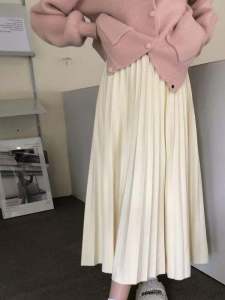 Warm Oil ~ Spring & Fall Gentle K-style Casual Pleated Skirt Elastic Waist Easiest for Match Slim Looking Solid Color Midi Dress