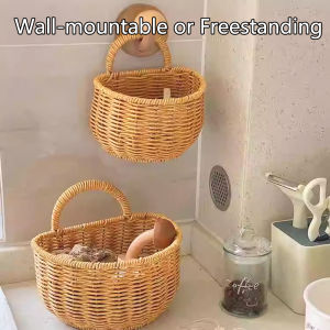 Wall-Mounted Retro Woven Onion Ginger Garlic Storage Basket Fruit/Flower/Egg Holder Imitation Rattan Kitchen Organizer