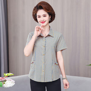 Fashionable Casual Plaid Short Sleeve Womens Shirt Spring Summer New Arrival Moms Clothing Comfortable Breathable Polyester Fiber