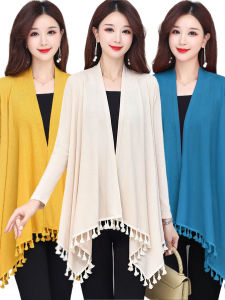Women's Knitted Fringed Outerwear: Shoulder Shawl Coat & Medium-Length Open Cardigan