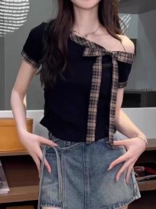 Sweet Bowknot Shoulder Bared Short Sleeve T Shirt Summer New Style plus Size Slimming Waist Cinched Half Sleeve Top for Women