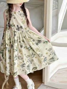 Summer Floral Print Sleeveless Halter Princess Skirt for Girls Big Kids Casual Style Mid-Length Dress round Neck No Brand