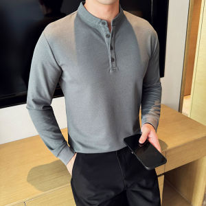 Fashionable Urban Chinese Style Long Sleeve Polo Shirt Mens Henry Collar Basic Style Slim Fit Inner Wear Top Trendy T-Shirt