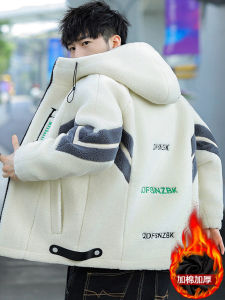 Winter Thickened Lamb Velvet Cotton Jacket Mens Trendy Korean Version Hooded Warm Particle Velvet Cotton Coat Youth Outerwear