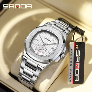 SANDA New 7020 Elegant Mens Calendar Watch with Unique Design Dial Stainless Steel Strap Japanese Quartz Movement Waterproof