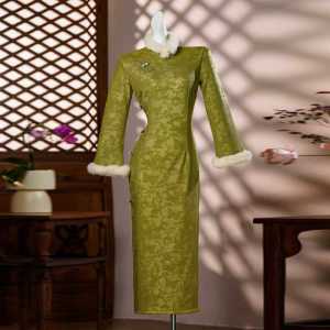 Green Chinese Style Long Sleeve Warm New Fashion Qipao Slimming