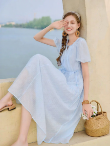 XIANGYING | Bell Sleeve Light Blue Holiday Style Ocean Belted Tencel Dress