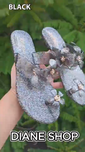 Fashion Sparkly Jelly Sandals Women 3D Flower Non-Slip Toe Ring Flip Flops Outdoor