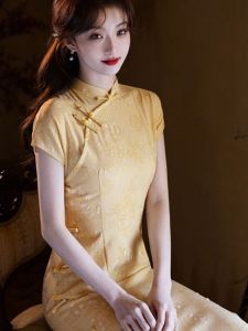Elegant Yellow Cotton Linen Midi Qipao Young Style Short Women Shoulder Sleeve New Chinese Style Dress Retro Style Daily Wear