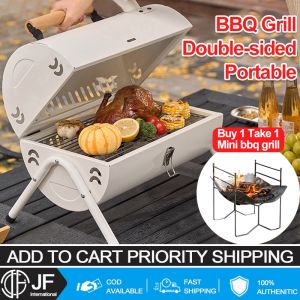 【Free gifts】BBQ Grill 2-sided grill Foldable cover Barbecue grill Barbecue Charcoal Griller Set