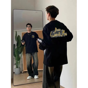 Black Long Sleeve Cotton T-Shirt Mens Spring American Trendy Brand Pure Cotton High-End Feeling Loose Fit Printed Tee