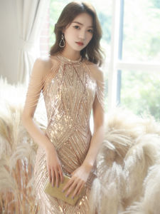 Gold Evening Gown Womens Annual Conference Host Autumn Winter High-End Sensation Luxury Tassel Sequin Fish Tail Skirt