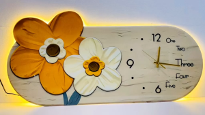 (ẢNH CHỤP)Tranh đồng hồ đèn led hoa năm cánh uv mặt mica sáng bóng kèm đinh