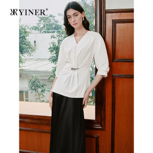 Elegant French Style Commute Suitable Pleated Slim V-Neck Shirt Top