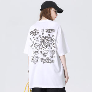 Kuromi Womens Cotton T-Shirt Short Sleeve Loose Fit Summer New Style Cartoon Print Streetwear round Neck Casual Top