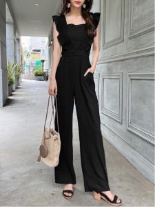 Sweet Pure Color Bell Sleeve Overalls Summer New Arrival 4 Fold Straight Leg Sleeveless High Waist Polyester Commute Style