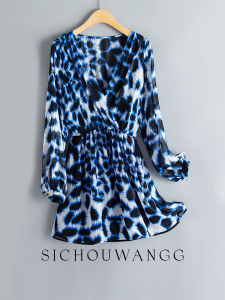 Silk Long Sleeve Dress Womens Waist Cinching Slimming  Silk Skirt Fashionable Print Short Skirt Commute Simple Style