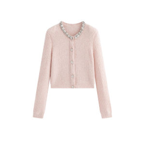 MandyZhang Short Knitted Diamond Embellished round Neck Open Cardigan Womens High-End Camel Hair Blend Cashmere Sweater