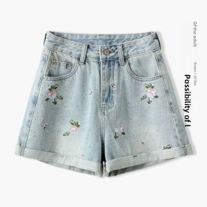 New Chinese Style Floral Embroidery High Waist Wide Leg Short Jeans for Women Summer Fashionable Trendy Cotton Polyester Blend
