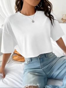 Womens Boxy Fit Ribbed Crop Top Crew Neck Short Sleeve Tee Y2K Aesthetic Loose Casual Summer Streetwear Blouse