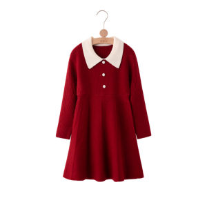 ชุดเดรสถักนิตติ้งสีแดงสำหรับเด็กผู้หญิง เสื้อคลุมกันหนาวแบบสวมหัว ทรงตรง แขนยาว ฤดูใบไม้ผลิและฤดูใบไม้ร่วง เสื้อผ้าเด็ก