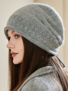 Warm Knitted Rabbit Fur Hat Womens Casual All-Match Winter Cap Thickened Woolen Tassel Hat Travel Friendly Adjustable Size