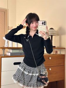 Áo Thun Tay Dài Cổ Polo Phong Cách Hàn Quốc Có Nơ Bướm Ngắn Bó Eo Thời Trang Thu Đông Cotton 90% Polyester 10%