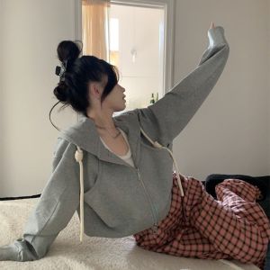 หนาขึ้น American Retro Lazy Style โอเวอร์ไซส์ เสื้อฮู้ด ผู้หญิง สั้น ฤดูใบไม้ร่วง ฤดูหนาว ทันสมัย ขนาดเล็ก เสื้อแจ็คเก็ต เสื้อท่อนบน