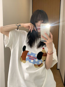 Casual Cotton Short Sleeve T-Shirt Couple Matching Lightweight Embroidered Cartoon Dog Pure Cotton Loose Fit American Retro Style