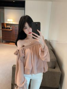 French Style Loose Long Sleeve Womens Shirt Pink Chiffon Gown Shoulder Bowknot Design Casual Elegant Top for Autumn Season