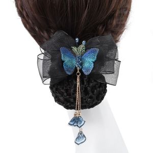 LE VICTORY Headwear Vintage Hair Clip Airline Stewardess Headwear Tassels Butterfly Flower Mesh Cloth Korean Bun Snood Hairgrips Cover Net Women Spring Clips Professional Headdress