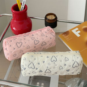 Large Capacity Pencil Case Student Stationery Bag Girls High Aesthetic Value Heart Pattern Polyester Fabric Storage Case