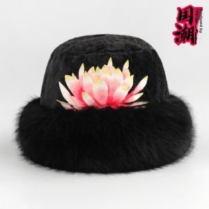 Winter Thickened Warmth Womens Furry Hat Embroidered Flower Windproof Ear Protection Basin Cap Luxury Fur Alternative
