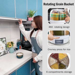 360° Rotating Rice Dispenser Sealed Moisture-Proof Grain Bucket Grain Storage Box Kitchen Food Container Cereal Tank