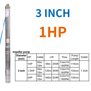 Impeller Pump 220V 3Inch Submersible Pump Deep Well Water Pump Single Phase Stainless Steel Water Pump Heavy Duty