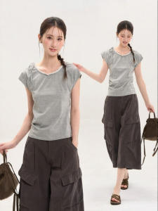 HTMEME | Summer Striped Lace Trimmed Round Collar Tie-up Slim Fit Tshirt