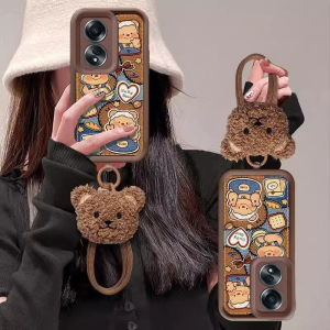 New Casing OPPO A60 A18 A38 A58 A78 A98 A17 A17k NFC 4G 5G Ins Cute Cartoon Fashion Biscuit Bear Lambskin Anti-fall Phone Case with Doll and Lanyard 2025
