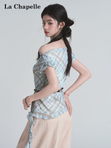 La Chapelle | Irregular Grid Asymmetrical Collar Off-Shoulder Slimming T-Shirt